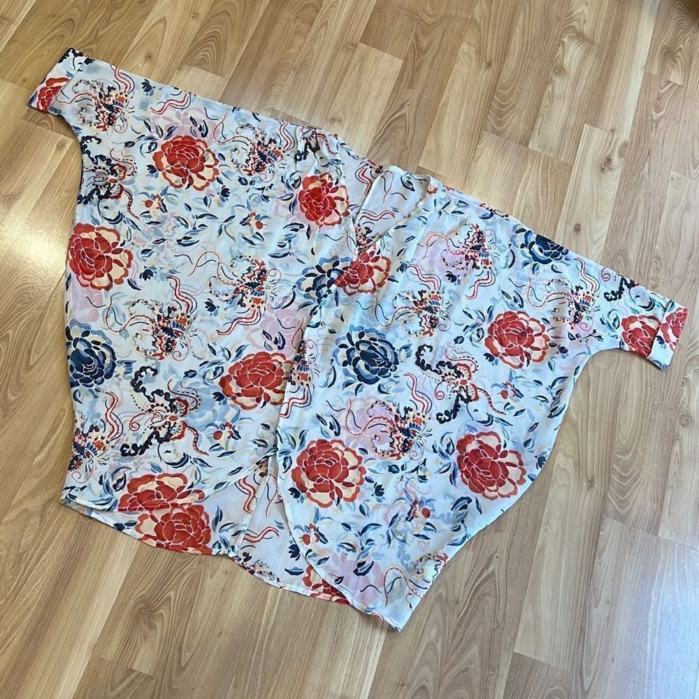 Peony Floral Red Blue Sheer Open Front Oversized Cardigan Small
